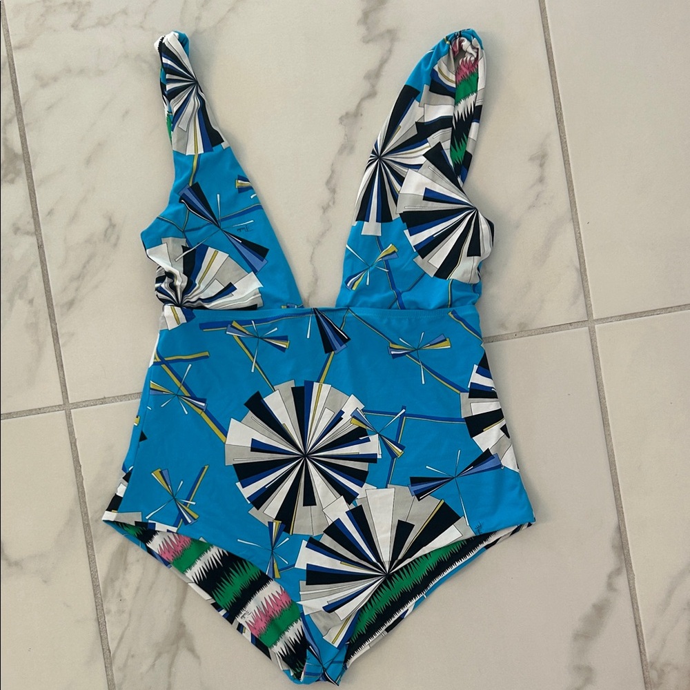 Emilio Pucci Blue Multicolor Graphic One-Piece Swimsuit